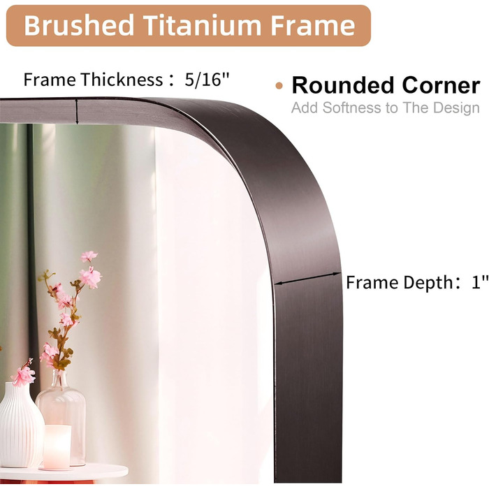 Дзеркало для ванної кімнати на стіну, титан, металевий каркас, з заокругленими кутами, прямокутне, 40,6 x 50,8 см