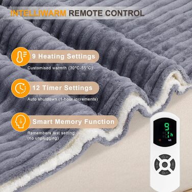 Електрична ковдра Nalome з автовимкненням 160*130 см, 9 температурних режимів, таймер 12 годин, захист від перегріву, пральна машина, фланцель, сіра
