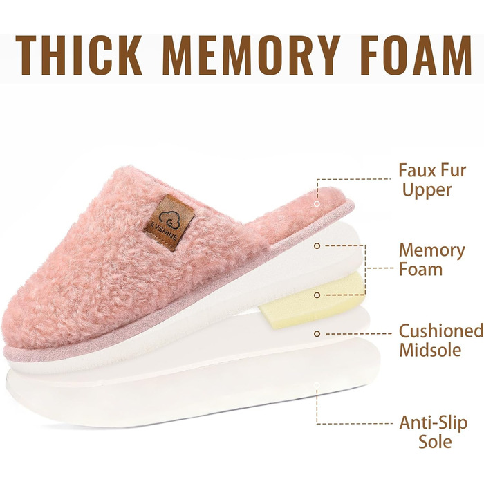 Жіночі м'які капці-тапочки Evshine з ефектом пам'яті (Memory Foam), закриті домашні капці, рожеві (розмір 37/37.5 EU)