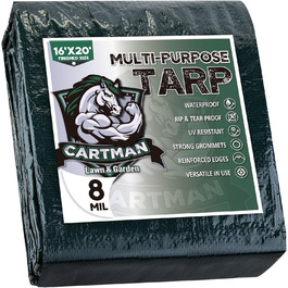 CARTMAN Finished Size 12x40 Feet Waterproof Green Tarp 8 Mil Thick, Multipurpose Protective Cover for Emergency Rain Shelter Camping Tarpaulin (Approximately 5x6m/16x20Ft)