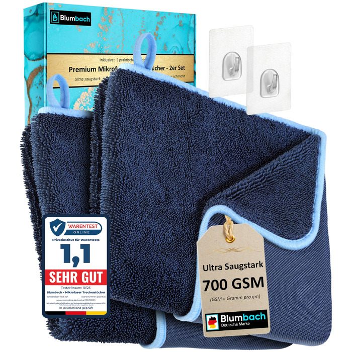 Набір рушників для сушіння BLUMBACH Ultra Wipes, 700 GSM, 40x60 см, темно-синій (3 шт.) — преміум мікрофібра для душу та авто