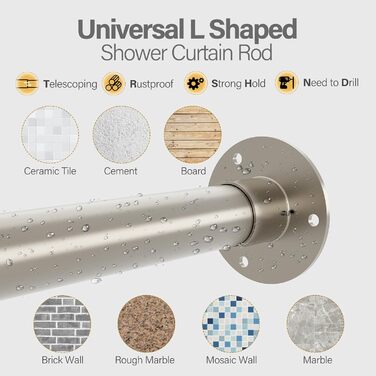 Кутова штанга для душової кабіни L-подібної форми, регульована, з 12 гачками та підставкою для стелі, срібна (99,1 см – 215,3 см)