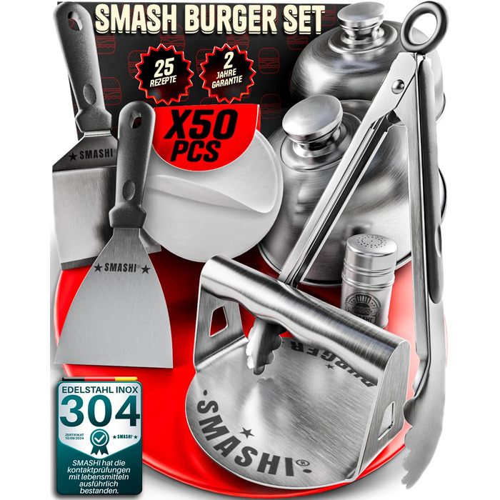 Набір для приготування Smash Burger SMASHI® з нержавіючої сталі 304 – професійний набір з антипригарною пресом, лопаткою для гриля та бургер-дзвоном – з рецептами (Supreme)