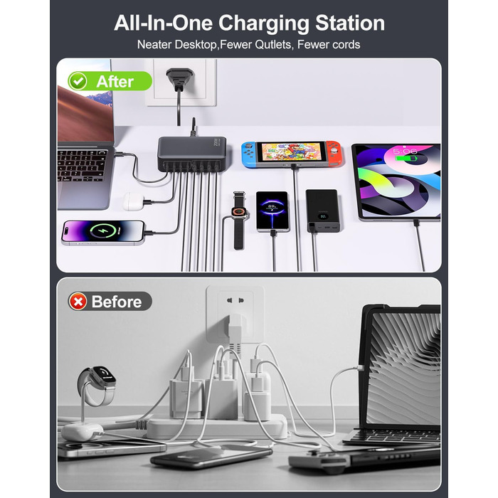 Зарядний пристрій USB-C 200W, 8-в-1, GaN адаптер для MacBook, iPhone, iPad, Samsung, ноутбуків - Швидка зарядка PD