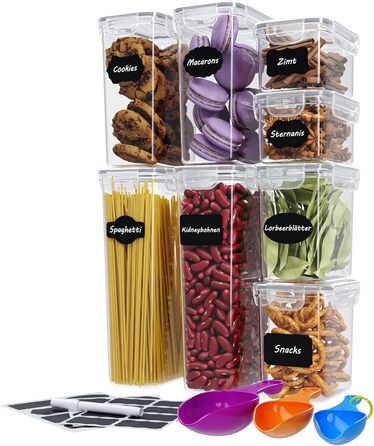 Набір контейнерів Wellgro для зберігання з етикетками, крейдою та мірними ложками. Контейнери для зберігання з кришкою, BPA-free, герметичні, стійкі до протікання, придатні для миття в посудомийній машині, 8 штук