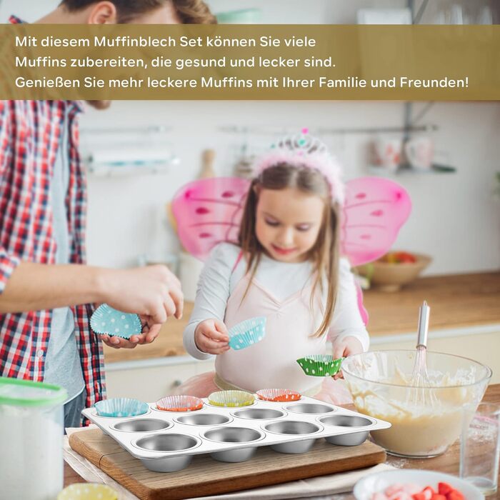 Joyfair Muffin Tin 2-Piece Set, Stainless Steel Muffin Sheet for 12 Muffins, Muffin Baking Pans 35 x 27cm, Muffin Baking Pan for Cupcakes, Brownies, Pudding, Cake, Non-Toxic & Healthy, Oven & Dishwasher Safe