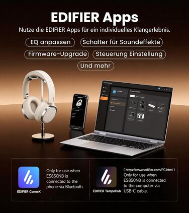 Навушники бездротові Edifier ES850NB з шумозаглушенням, Hi-Res Audio, Bluetooth 5.4, LDAC, 92 год роботи, слонова кістка