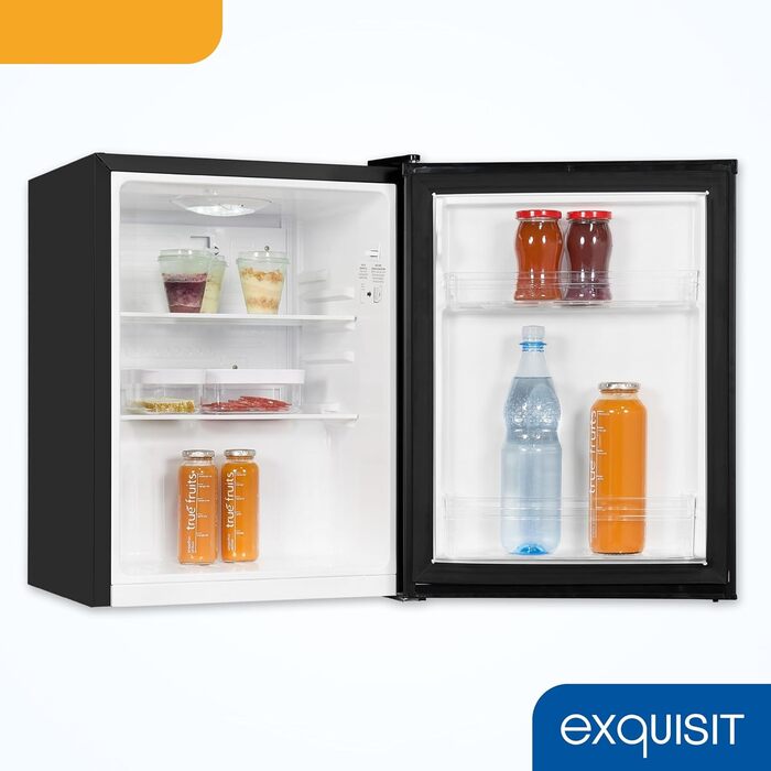 Exquisit KB560-V-091E: Міні-холодильник чорного кольору, 50 літрів, LED-підсвітка, регулювання температури, ширина 45 см