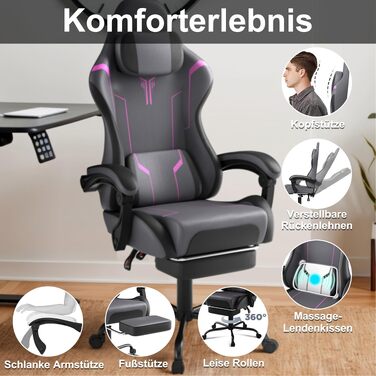 Ігрове крісло FIVMEN Ergonomic Gaming Chair з масажним подушкою, підніжкою та підголівником, ергономічний офісний стілець для геймерів (Сірий/Фіолетовий)