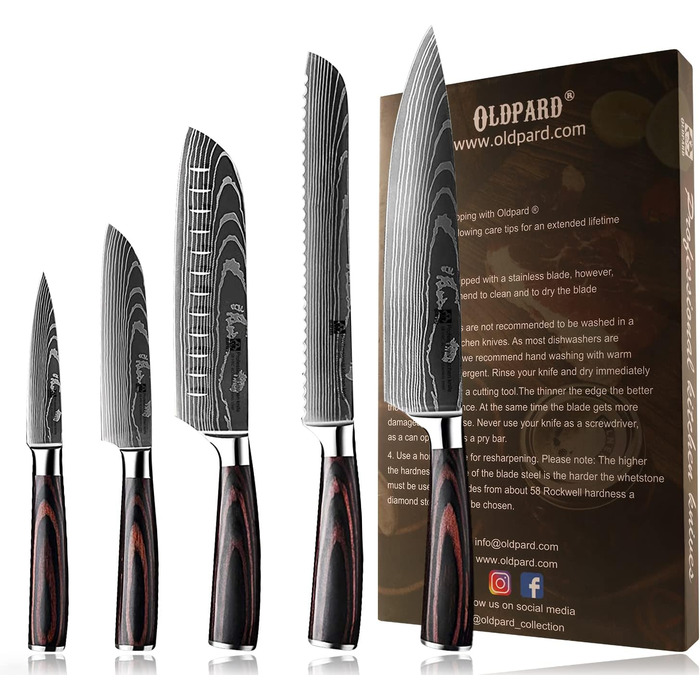 Набір професійних кухонних ножів | Шеф-ніж, Сантоку, хлібний ніж та інші | Нержавіюча сталь з лазерним візерунком, ручки з пакавуду | Подарунковий набір