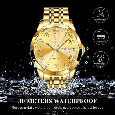 Годинник чоловічий PINDOWS Luxus: кварцовий аналоговий годинник з датою, великим циферблатом, водостійкий, модний, бізнес-стиль. Елегантний двоколірний годинник з нержавіючої сталі з підсвічуванням календаря (De650n4: золотий браслет, золотий циферблат)