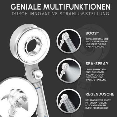 senstil® Premium Shower Head with Hose | Up to 60% Water-Saving Handheld Shower | 3 Spray Modes | SPA, Rain Shower, Booster | Optimal Water Pressure, Smart-Stop Button Saves Water & Energy (White)