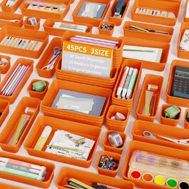 45 Piece Drawer Organizer Set for Office with 3 Sizes, Vanity Makeup Organizer Drawer, Storage Desk Organizer Drawer System for Kitchens, Bedrooms, Bathrooms, Office, Grey (3 - Sizes, Orange (45 Pieces))
