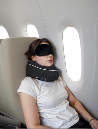 Подушка для шиї, туристична, з піною з пам'яті, для авто, поїздів та літаків, комплект з маскою для очей та берушами (темно-сіра)