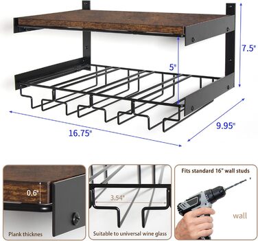 B4Life Wall Mounted Wine Racks, Stemware Holder Wall Mount with Stemware Hangers Modern Wine Display Storage Holder for Kitchen Dining Room Bar - Holds 8 x Glasses and 7 x Wine Bottles