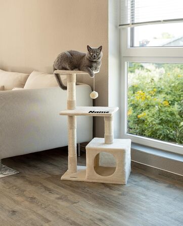 Lionto Scratching Post for Cats with Cave and Plush Ball incl. Bell, Height 85 cm, Cat Tree with Sisal & Plush, Cozy Resting Areas & Cave, Suitable for Small & Large Cats, (Beige (with name tag))