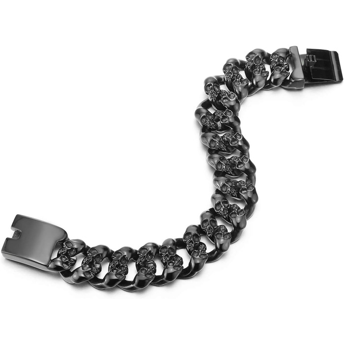 Браслет чоловічий COOLSTEELANDBEYOND з готичним черепом та ланцюжком, чорний, нержавіюча сталь