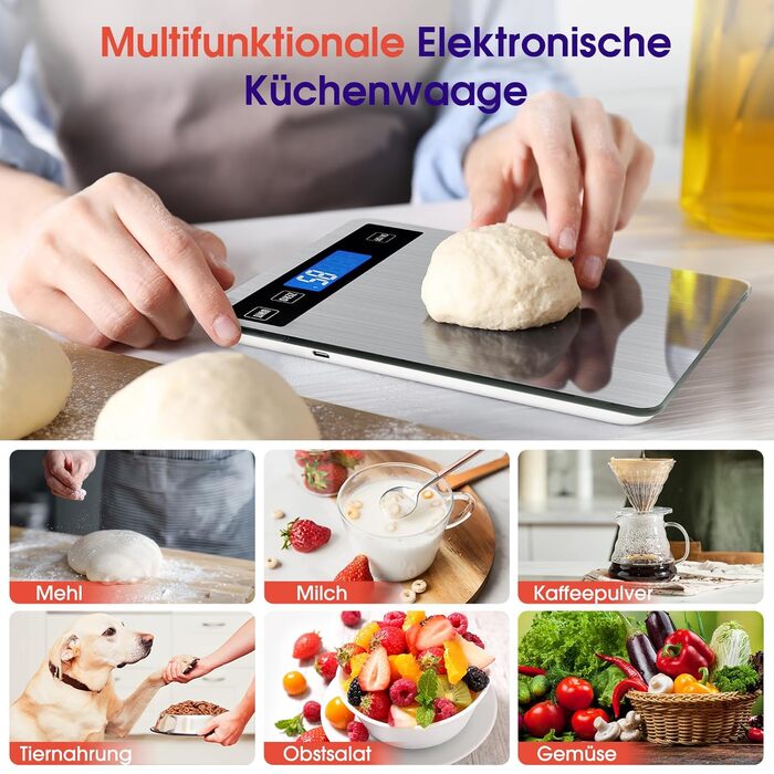 Кухонні ваги цифрові 15 кг, перезаряджувані, з LCD-дисплеєм та функцією тарування, водонепроникні, преміум-якість, чорний/білий