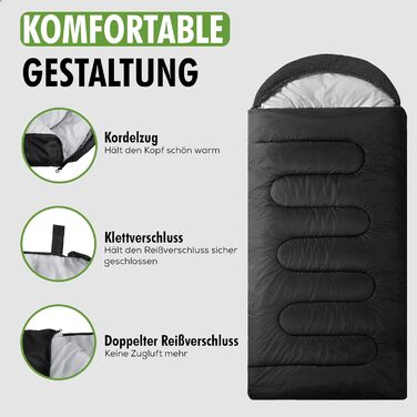 Спальний мішок 210 x 75 см - ковдровий, 3-4 сезони, для відпочинку на природі, кемпінгу, подорожей, гірських хат. Легкий, портативний, чорний, з сумкою для перенесення.