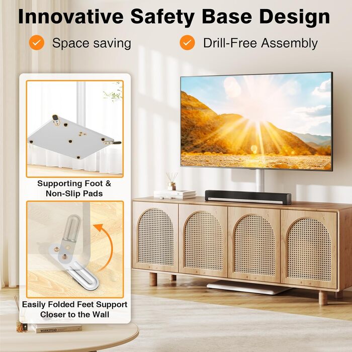 Підставка для телевізора TVON на підлозі з кріпленням для більшості телевізорів 81.3 - 152.4 см (32-60 дюймів) до 40 кг, регульована по висоті підставка з дерев'яною основою, економна, підлогова підставка для телевізора білого кольору з дерев'яною основою