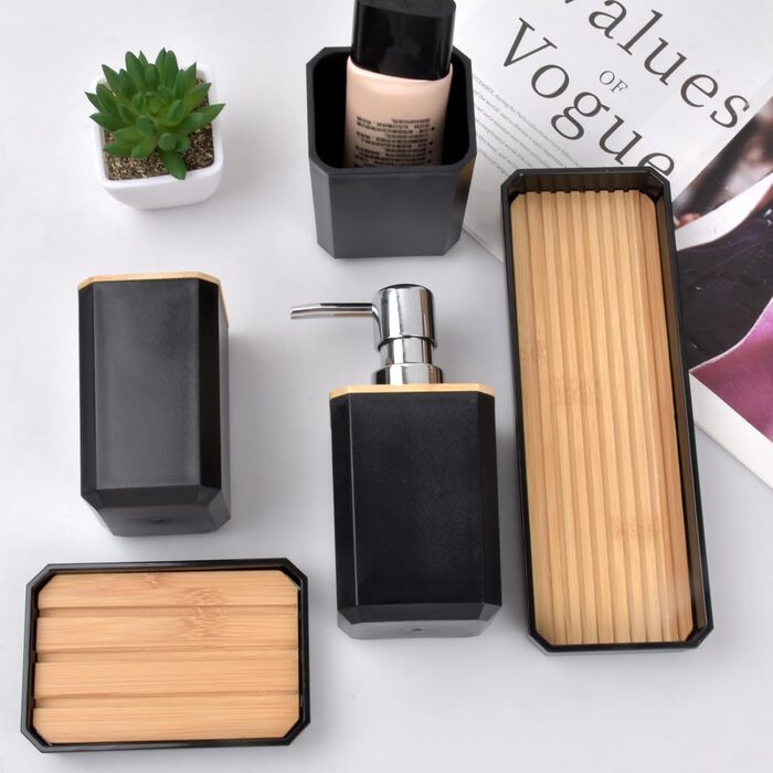 Набір аксесуарів для ванної кімнати Volumoon 5 шт. з бамбука: миловарка, стаканчик для зубної щітки, миловарка, мильниця, чорний. Декоративні аксесуари для ванної та умивальника.