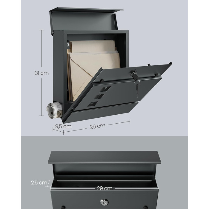 Поштовий ящик SONGMICS XXL з газетницею, антрацит, 37x37x10.5 см, з ключем, захист від реклами, сучасний, для дому та саду