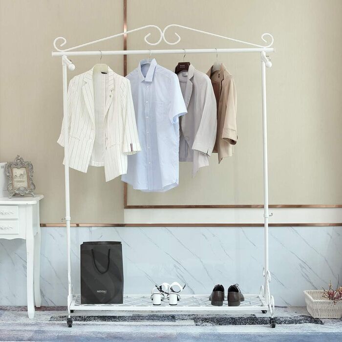 Clothes Rack, Garment Rod, Coat Rack with Shoe Storage, Width 136cm, Vintage Style Metal, Height Adjustable from 126 to 200 cm (White with Wheels)