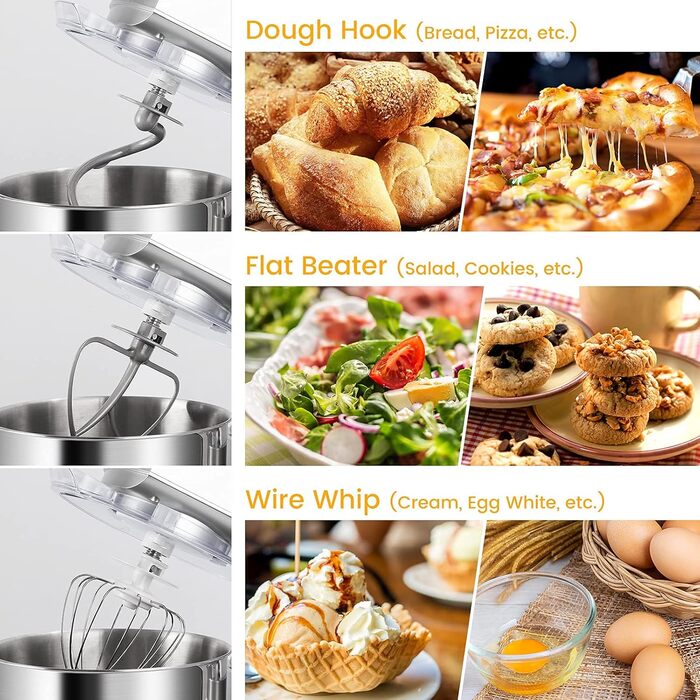 Кухонна машина-міксер з нержавіючою чашею, 6 швидкостей, для замішування тіста та збивання