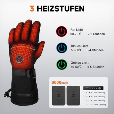 Гріючі рукавички з акумулятором 6000mAh USB, для жінок та чоловіків, 3 режими нагріву, водонепроникні, сенсорні, чорний, EU