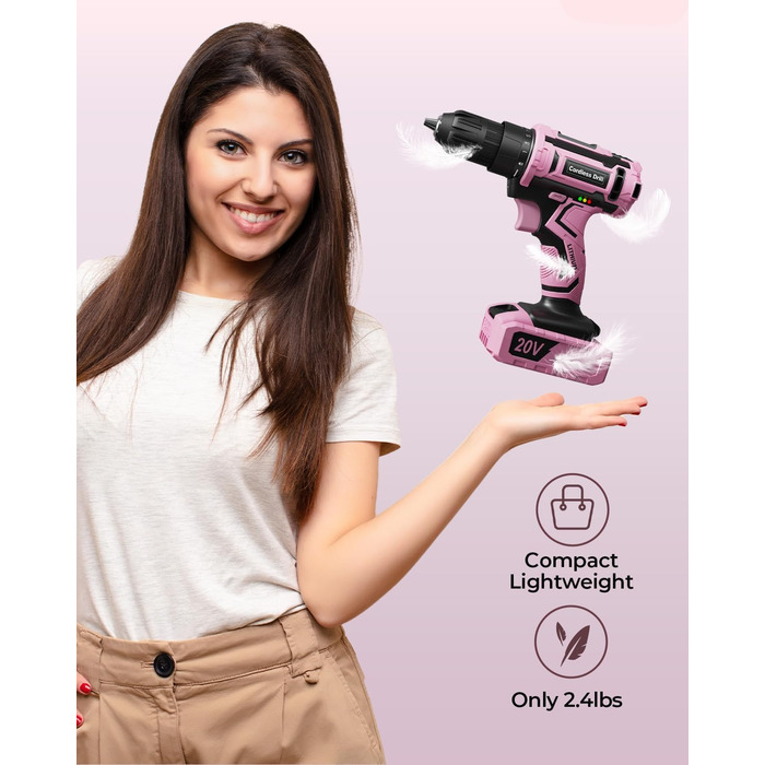 Акумуляторний дриль-шуруповерт 21V з 2 акумуляторами 2000mAh, 45Nm, 2 швидкості, 25+3 ступені крутного моменту, патрон 10мм, 27 предметний набір та кейс для дому та DIY (рожевий)