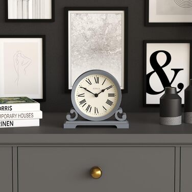 JONES CLOCKS® Saloon Table Clock | Traditional Double-Scroll Design |  | Roman Numerals | Classic style for desk, table, shelf or bedside table. (French Navy)