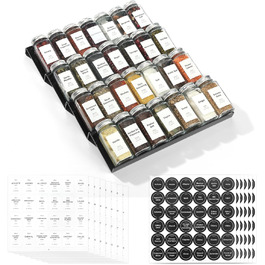 Black Spice Drawer Organizer with 28 Spice Jars, 348 Labels, Sifter and Pour Lids with Airtight Aluminum Caps, 4-Tier Clear Acrylic Drawer Tray Rack with Spice Containers