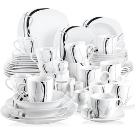 VEWEET FIONA 50-Piece Dinnerware Set, 6 Place Settings, Porcelain Dinner Set consisting of dinner plates, dessert plates, soup plates, cereal bowls, coffee cups, coffee mug set, egg cups, milk and sugar set