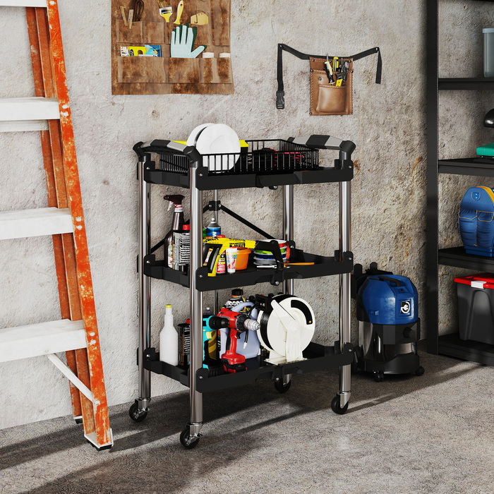 HOMCOM 3-Tier Rolling Tool Cart, Folding Tool Wagon with Handle, Assembly Cart Workshop Cart for Warehouse, Garage, Load Capacity up to 68 kg, Black | Aosom