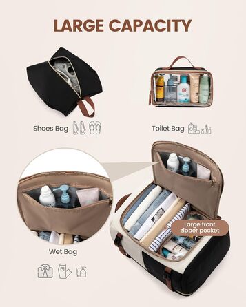 Рюкзак LOVEVOOK для ручної поклажі літака, жіночий, 50L, для подорожей, бізнесу, школи, чорний+бежевий+коричневий