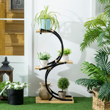 Outsunny Plant Shelf S-Shaped Flower Ladder 4-Tier Plant Stand with Metal Frame and Solid Wood Black 46x25x91cm for Garden & Balcony