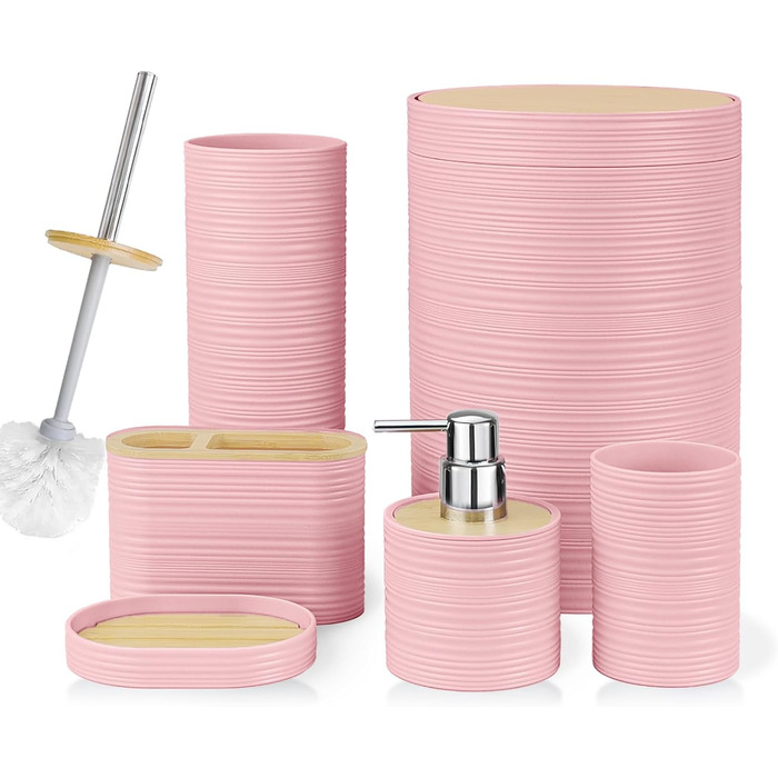 CERBIOR Набір аксесуарів для ванної кімнати, бамбуковий комплект з 6 предметів, включає дозатор для мила, тримач для зубних щіток, стакан для зубних щіток, мильниця для декоративної поверхні, подарунок на новосілля, Sriral (Рожевий)