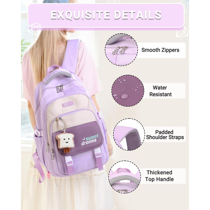 Шкільний рюкзак для дівчаток 2-10 класів, 32L, легкий дитячий рюкзак | Дихаюча спинка | М'які лямки | Брест-стрічка, ранці для школи, рюкзак для підлітків 8+ років, фіолетовий