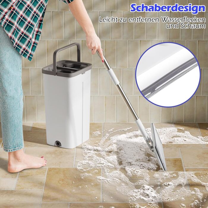 Набір для миття підлоги з відром, вичавлювач для підлоги, набір мопів 2 в 1 з регульованою ручкою з нержавіючої сталі та 6 мікрофібровими насадками, підходить для плитки та ламінату (моп з відром - білий)