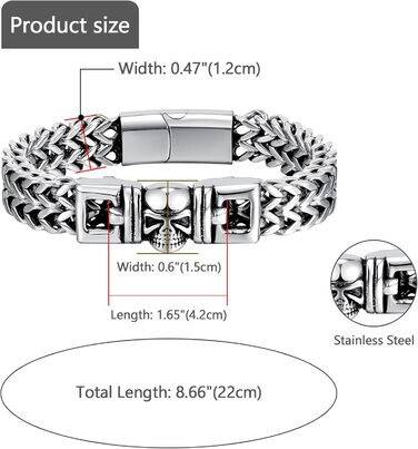 Чоловічий браслет-ланцюг JewelryWe в готичному стилі: срібний браслет з черепом для байкерів, сталевий ланцюг на руку
