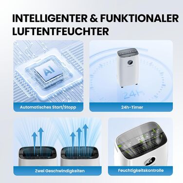 Електричний осушувач повітря 25л/день, 50㎡, з керуванням через додаток та сенсорною панеллю, для підвалу, бак 3,7л, зливний шланг, 47дБ, таймер 24г, дитячий замок, гарантія 3 роки (15л/день)