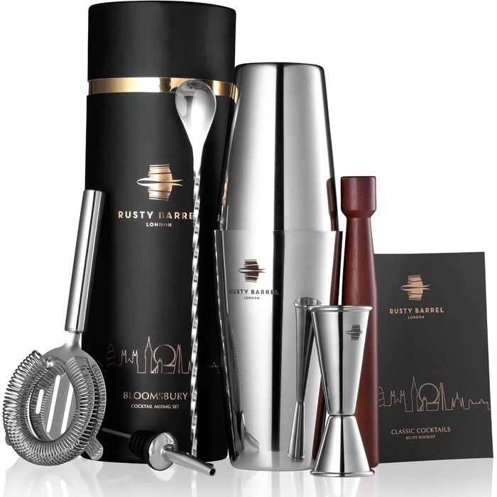 Belgravia Cocktail Set – Cocktail Shaker Set with Boston Stainless Steel Cocktail Shaker and Cocktail Accessories | Cocktail Mix Set in a Luxurious Gift Box (Silver)