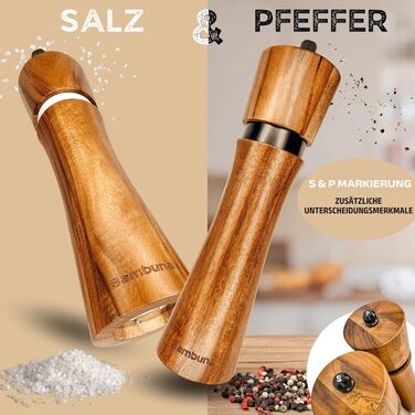 Набір для перцю та солі BAMBUNA з акацієвого дерева - 5 шт. з регульованою керамічною жорна - ручна млинка з підставкою та ложкою - Made in Germany