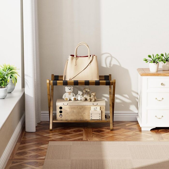 SMIBUY Luggage Rack, 2-Piece Set, Folding Bamboo Suitcase Stand with Shelf for Guest Room, Bedroom, Hotel, Heavy-Duty (Walnut)