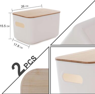 Kerhouze 2 PCS Storage Box with Bamboo Lid White Storage Plastic Box for Organization Stackable Storage Boxes with Handle for Kitchen Bathroom 38.4 * 27 * 15.2cm, 13L (2PACK 6.5L)