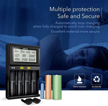 Зарядний пристрій для акумуляторів AUKSKY з LCD-дисплеєм (8 слотів) - універсальна зарядка для NI-MH, NI-Cd, AA, AAA, 14500, 18350, 21700, 26650, Li-Ion, LiFePO4, RCR123A (1.5A, 4 порти)