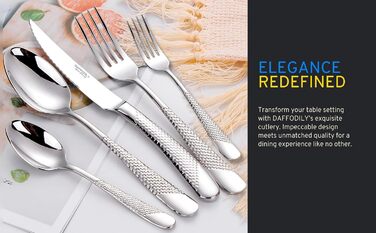 DAFFODILY Cutlery Set. Hammered 18/10 Stainless Steel Dinnerware. Mirror Finish, ultra-sharp steak knives, dishwasher safe. (Silver, 20)