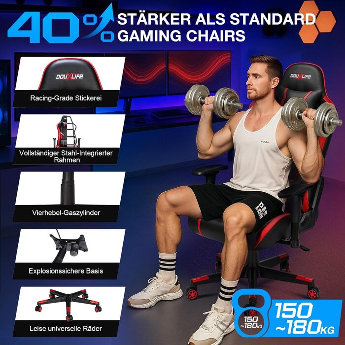 Ігровий крісло Douxlife з 7-точковим масажем, підніжкою, ергономічний офісний крісло, регулювання спинки 90-175°, регульовані 2D підлокітники, для ПК, 150-180 кг, чорно-червоний