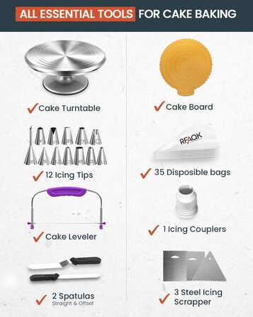Набір для випічки тортів RFAQK 50-в-1: обертовий стіл, 12 підставок, цукрове декорування, вирівнювач 31.5 см