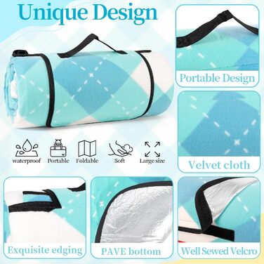 Плед для пікніка CIRULLI 200x200 см, водонепроникний, складаний килимок для пляжу та кемпінгу